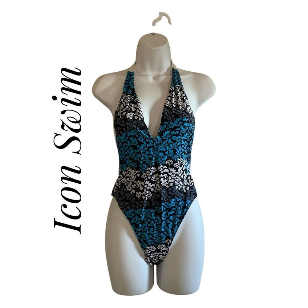 Icon Swim Medium One Piece Bikini Plunge Neck Halter Open Back Blue